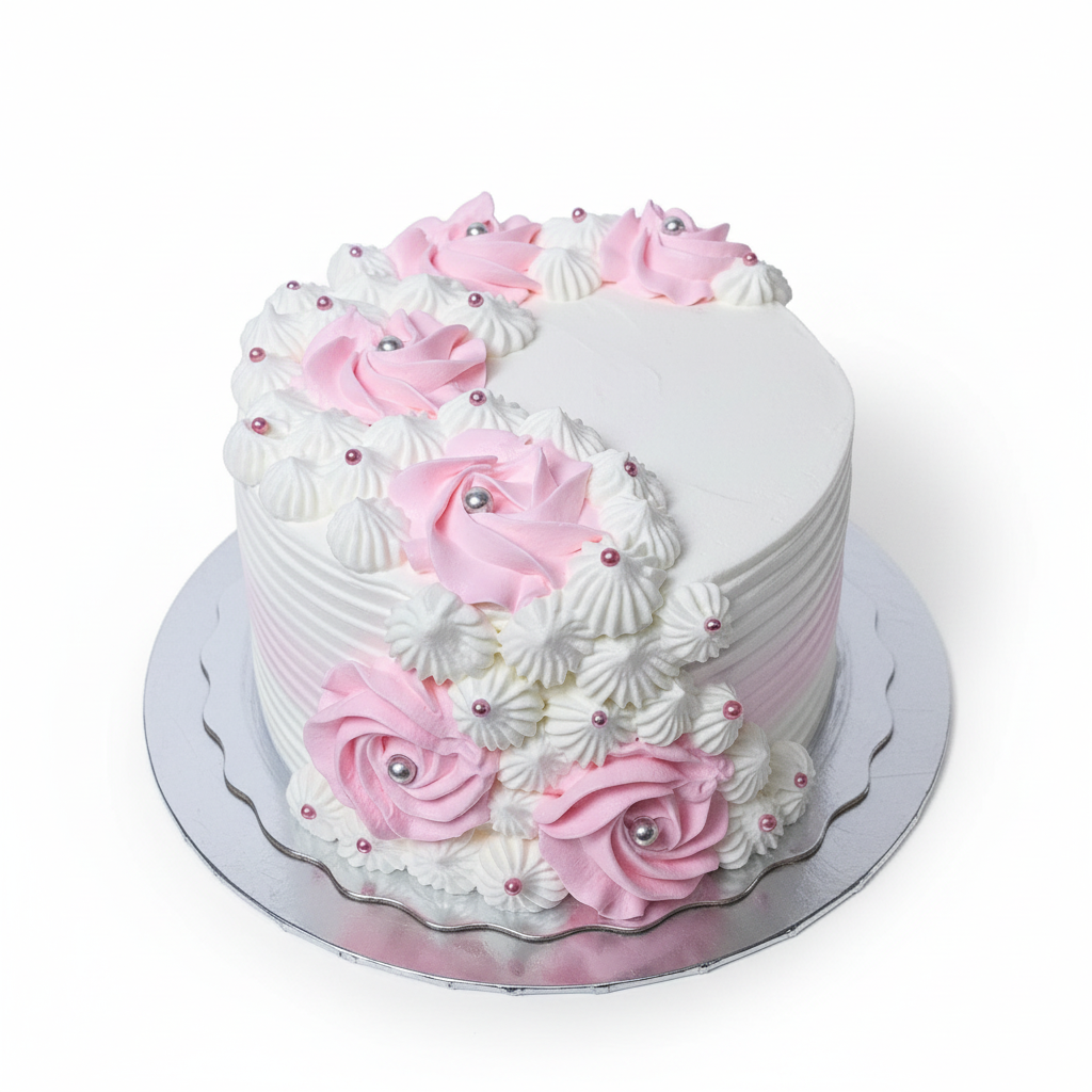 Pink & White Rose Cake with Silver Pearls - Elegant Celebration Cake by Cake Mart